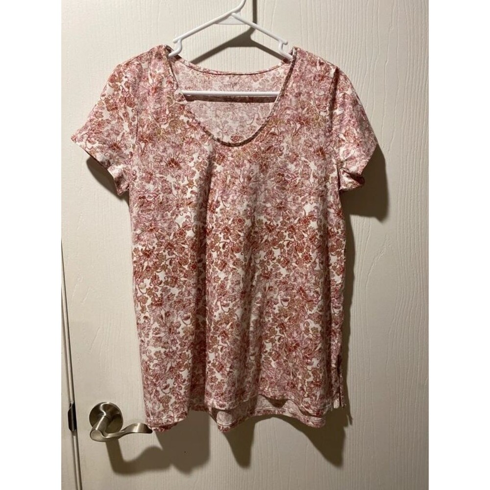 Pure Jill Petite Small Floral Paisley Pima Cotton Side-Slit Elliptical Tee Top